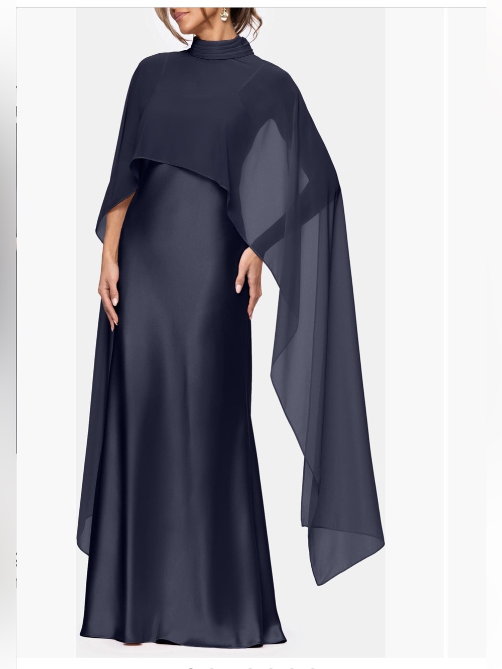 Xscape Evenings Laura Satin Gown Chiffon Overlay Sheer Shawl in Navy Blue 7521X - Picture 2 of 13